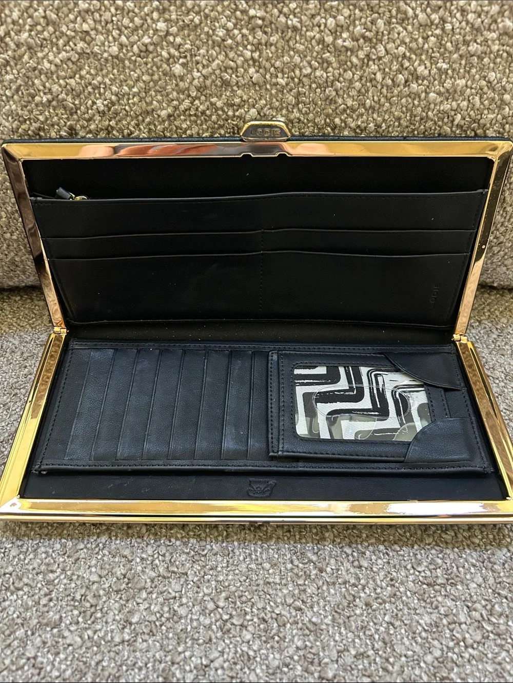 Black Textured Long Wallet with Gold Trim